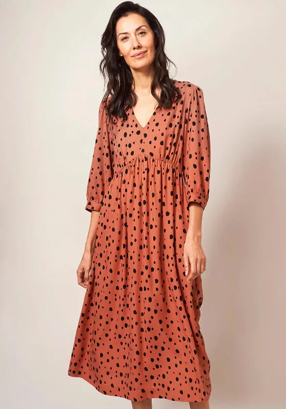 White Stuff Lucy Dalmatian Print Midi Dress, Orange Fashionable Skater Midi Dress