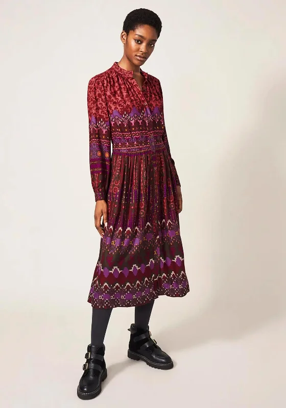 White Stuff Mirabel Print Eco Vero Midi Dress, Plum Multi Trendy Ruched Side Midi Dress