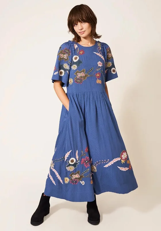 White Stuff Pippa Embroidered Midi Dress, Blue Multi Comfortable Lace-Up Midi Dress