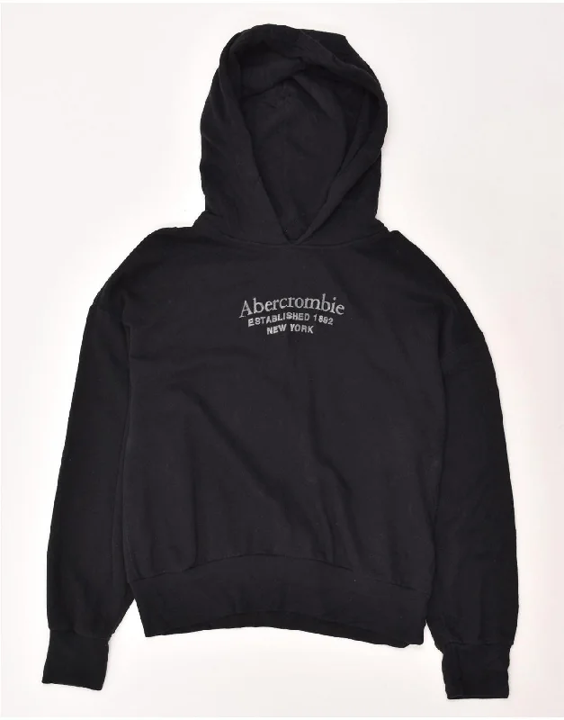 ABERCROMBIE & FITCH Womens Graphic Hoodie Jumper UK 16 Large Black Cotton Hoodie with Thumb Holes Functional Cozy