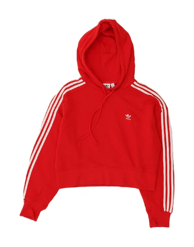 ADIDAS Womens Crop Hoodie Jumper UK 8 Small Red Cotton Hoodie with Turtle Neck Cozy Winter