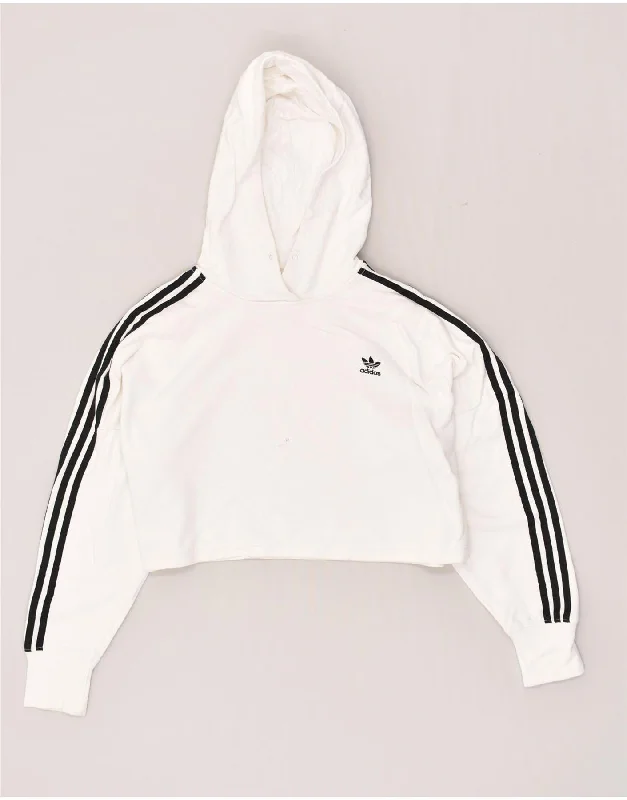 ADIDAS Womens Crop Oversized Hoodie Jumper UK 8 Small White Cotton Hoodie with Tied Waist Feminine Flattering