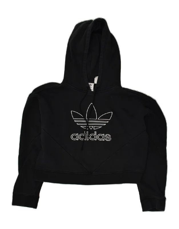 ADIDAS Womens Graphic Crop Hoodie Jumper UK 8 Small  Black Cotton Hoodie with Lining Warm Insulated