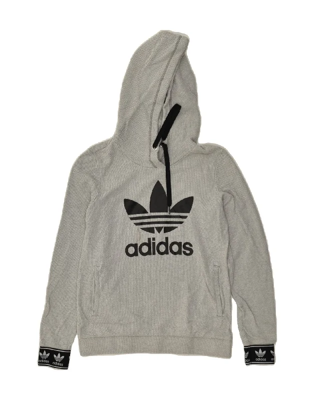 ADIDAS Womens Graphic Hoodie Jumper UK 10 Small Grey Cotton Hoodie with Tied Waist Feminine Flattering