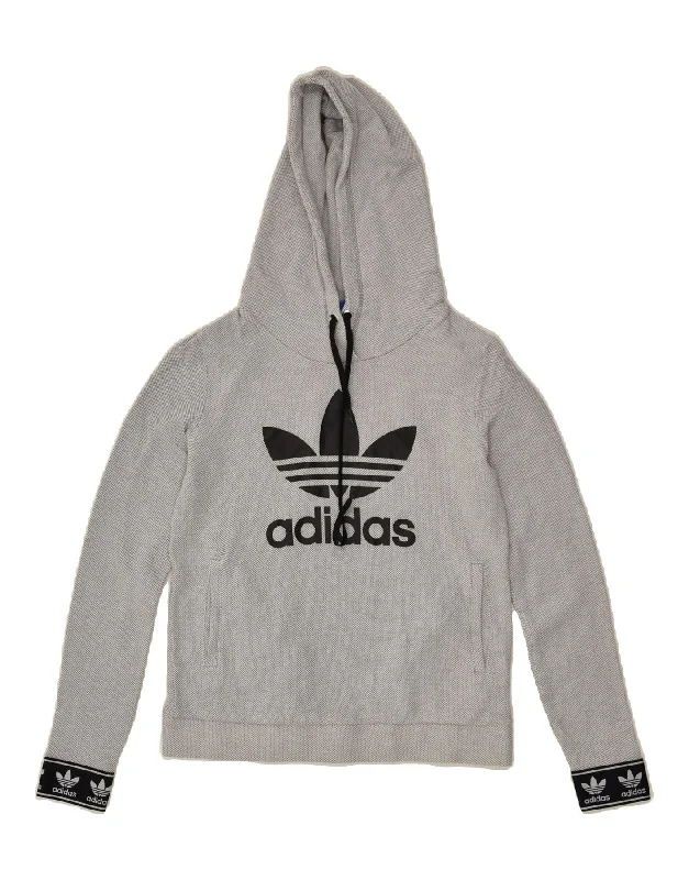 ADIDAS Womens Graphic Hoodie Jumper UK 10 Small Grey Polyester Hoodie with Ribbed Neckline Snug Warm