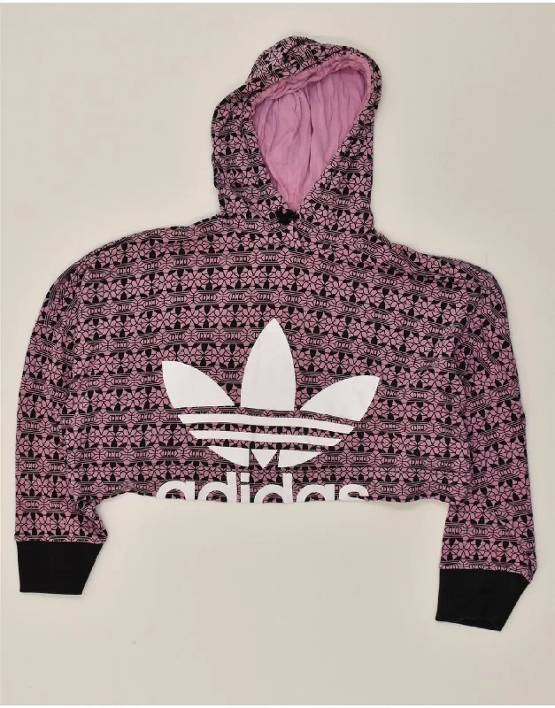 ADIDAS Womens Graphic Hoodie Jumper UK 10 Small Purple Geometric Cotton Hoodie Crop Top Short Trendy