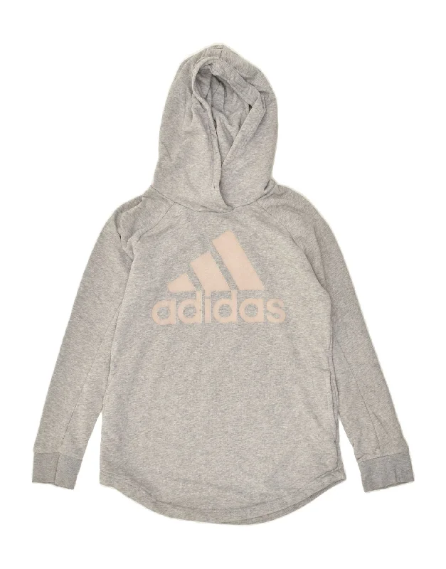 ADIDAS Womens Graphic Hoodie Jumper UK 12/14 Medium  Grey Cotton Hoodie with Drawstring Waist Adjustable Fitted