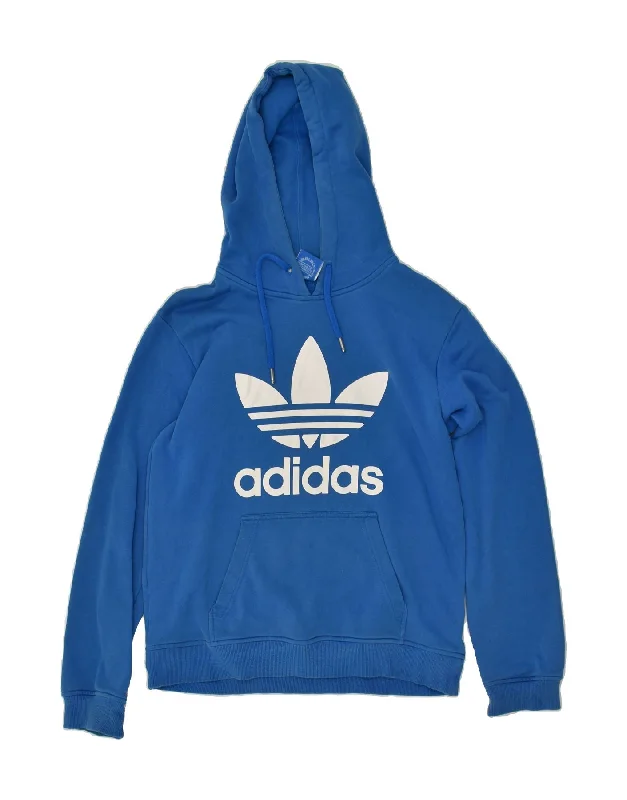 ADIDAS Womens Graphic Hoodie Jumper UK 14 Medium Blue Cotton Hoodie with Patch Decorative Personalized