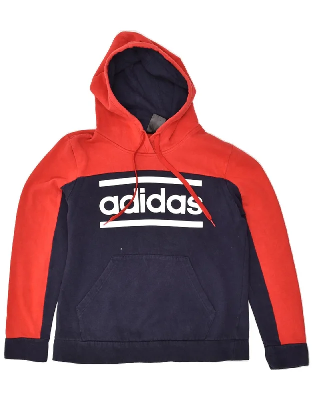 ADIDAS Womens Graphic Hoodie Jumper UK 16-18 Large Navy Blue Colourblock Hoodie with Hem Raw Edge Edgy Unfinished