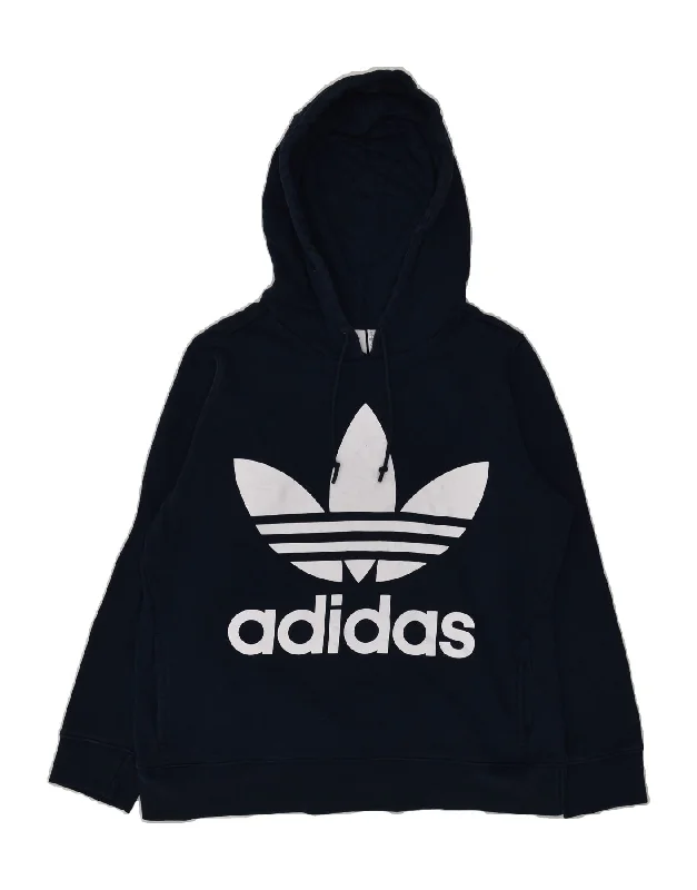 ADIDAS Womens Graphic Hoodie Jumper UK 18 XL Navy Blue Cotton Hoodie with Ribbed Hem Stretchable Secure