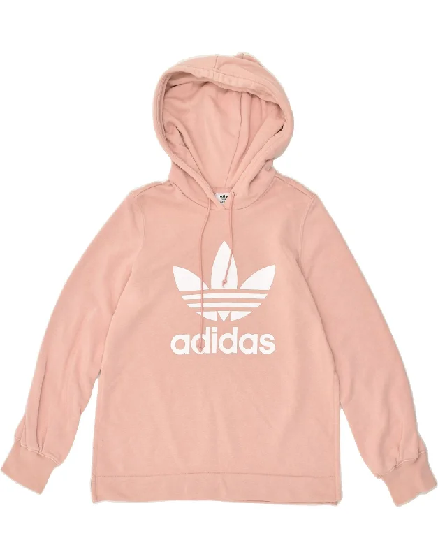 ADIDAS Womens Graphic Hoodie Jumper UK 6 XS Pink Cotton Hoodie with Distressed Vintage Worn