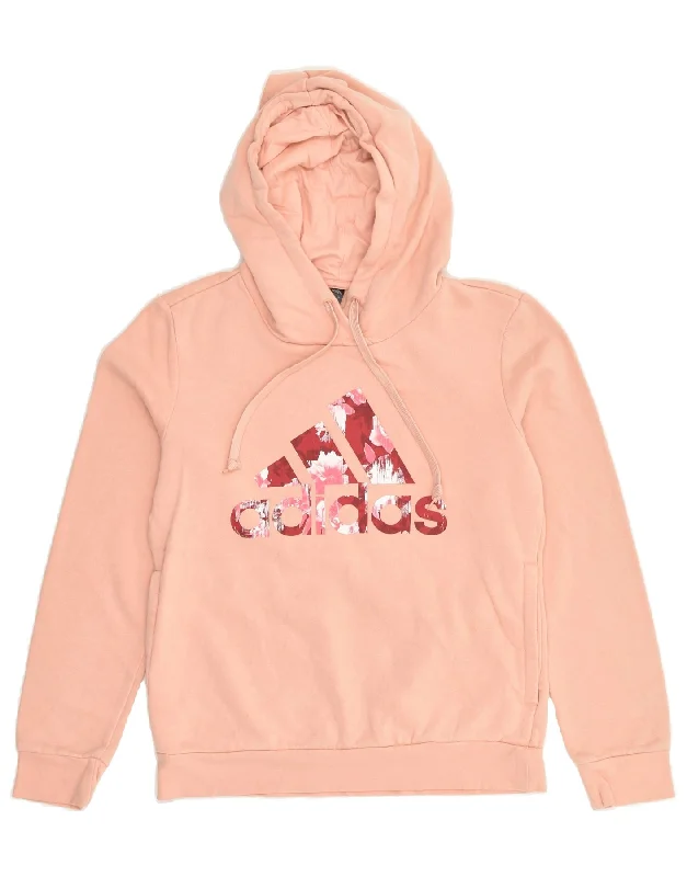 ADIDAS Womens Graphic Hoodie Jumper UK 8-10 Small Pink Cotton Hoodie with Exposed Zipper Edgy Industrial