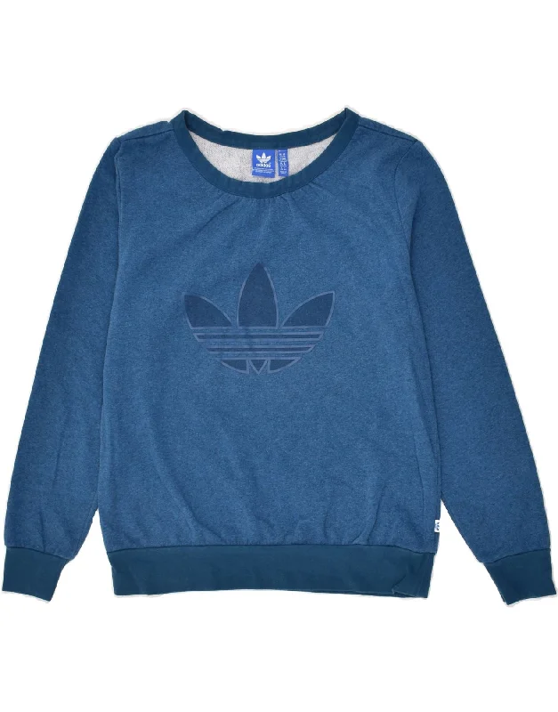 ADIDAS Womens Graphic Sweatshirt Jumper UK 14 Large  Blue Cotton Hoodie with Color Block Contrast Stylish