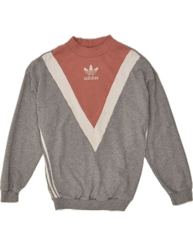 ADIDAS Womens Graphic Sweatshirt Jumper UK 16 Large Grey Colourblock Graphic Hoodie Design Print