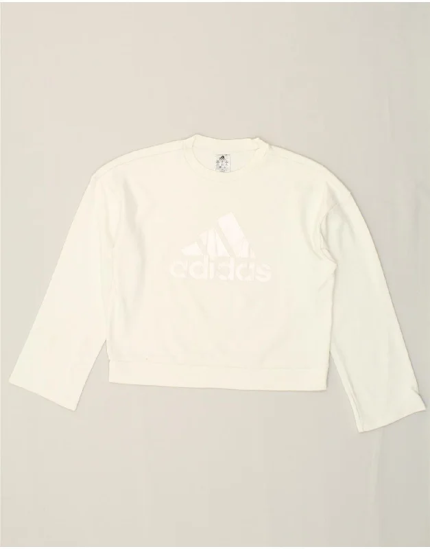 ADIDAS Womens Graphic Sweatshirt Jumper UK 8/10 Small White Cotton Hoodie with Side Slits Relaxed Casual