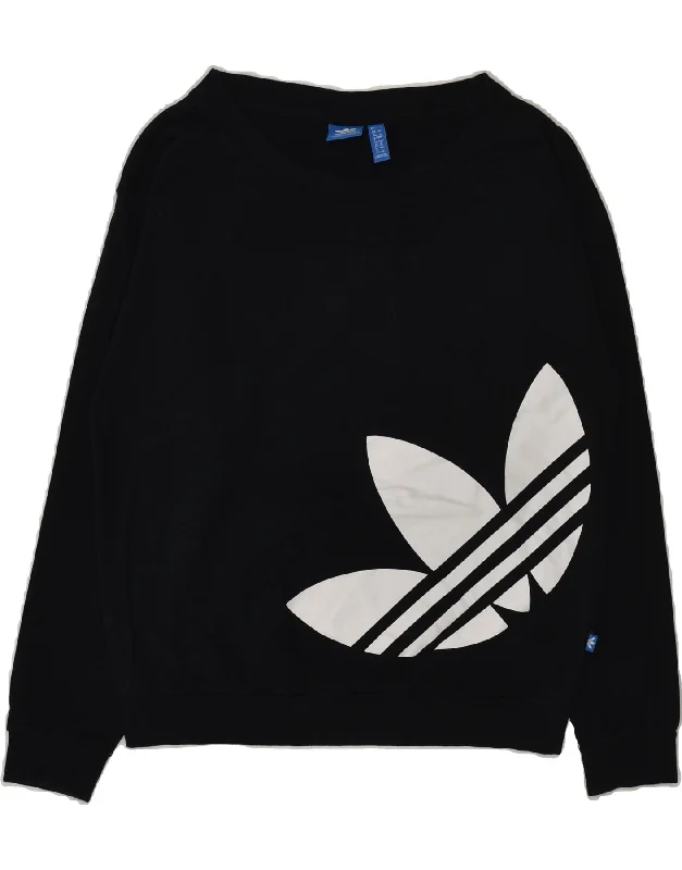 ADIDAS Womens Graphic Sweatshirt Jumper UK 8 Small Black Cotton Hoodie with Color Block Contrast Stylish