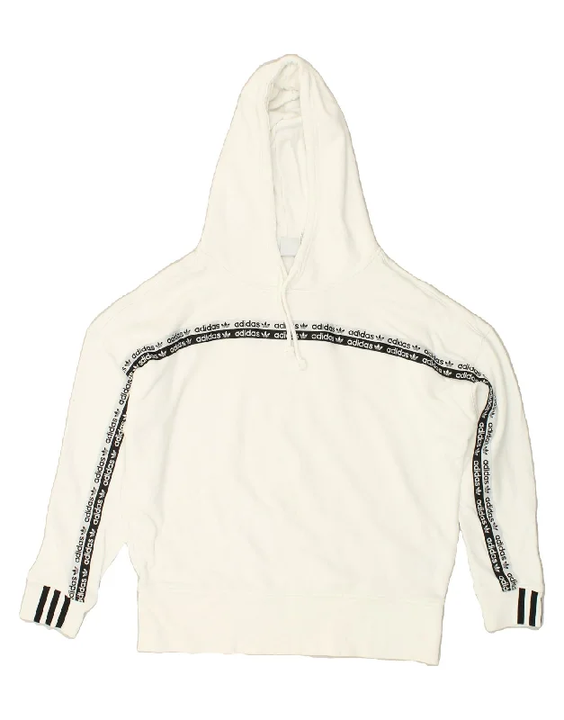 ADIDAS Womens Hoodie Jumper UK 10 Small  White Cotton Hoodie with Hem Drawcord Adjustable Customizable