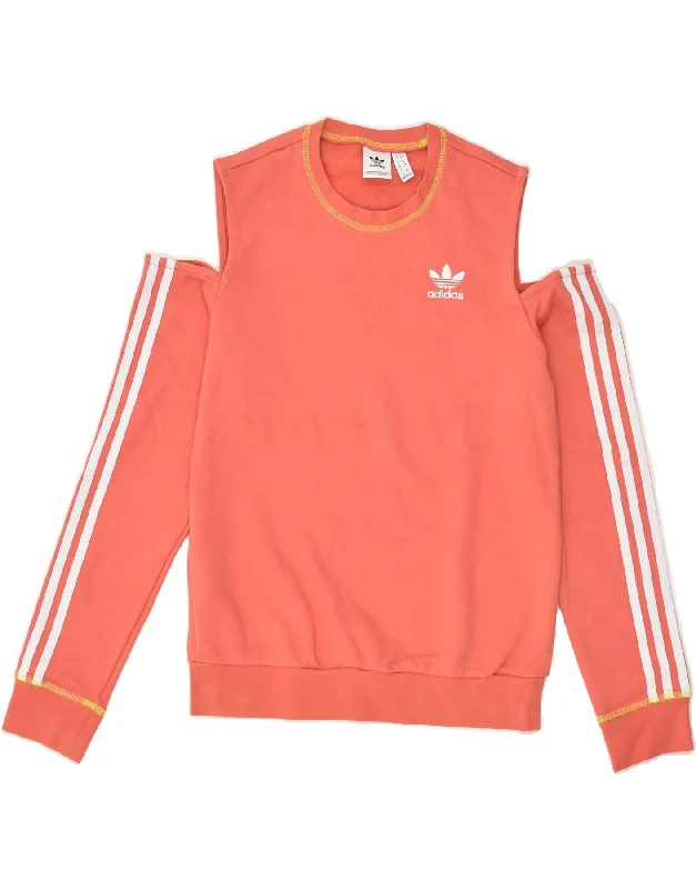 ADIDAS Womens Off Shoulder Sweatshirt Jumper UK 8 Small Orange Cotton Hoodie with Thumb Holes Functional Cozy