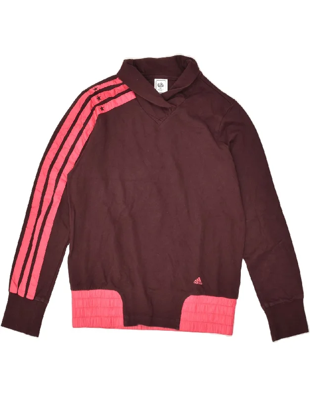 ADIDAS Womens Shawl Neck Sweatshirt Jumper UK 14 Large Maroon Cotton Hoodie with Patch Decorative Personalized