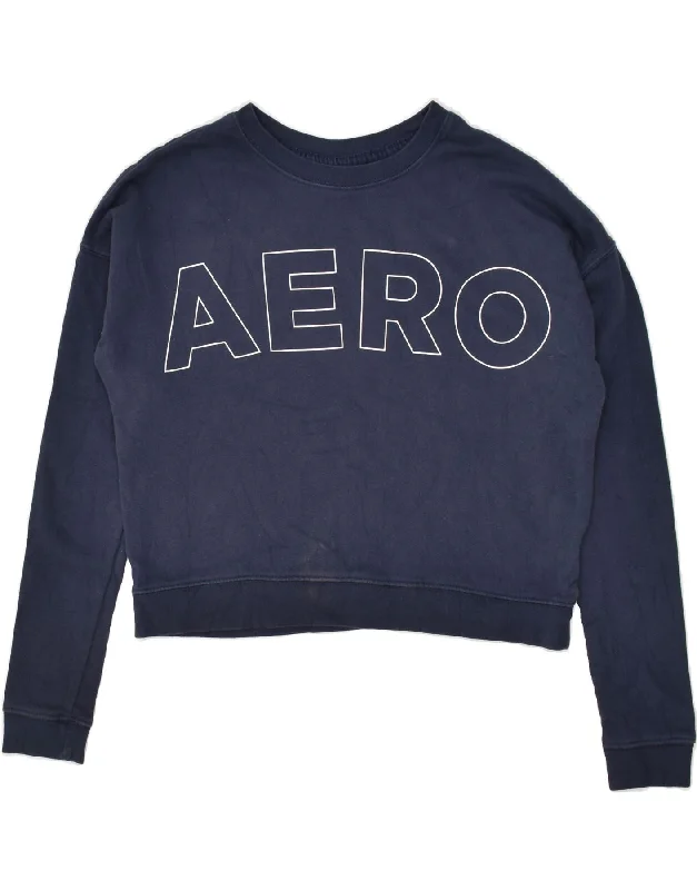 AEROPOSTALE Womens Graphic Sweatshirt Jumper UK 6 XS Navy Blue Cotton Hooded Sweatshirt Casual Wear Street Style