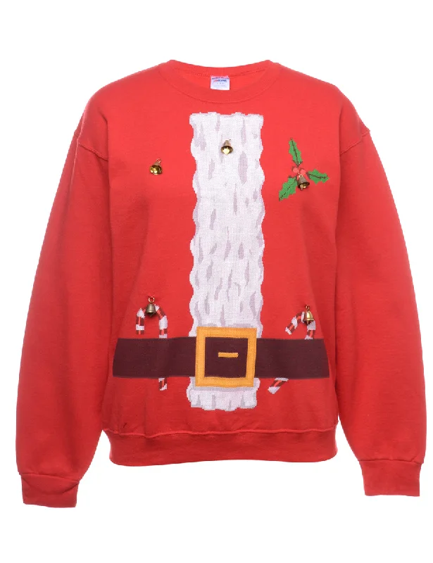 Beyond Retro Reworked Christmas Sweatshirt With Bells - L Hoodie with Distressed Vintage Worn