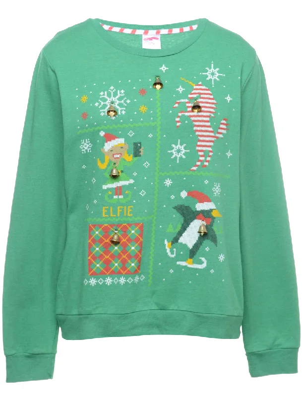 Beyond Retro Reworked Christmas Sweatshirt With Bells - L Hoodie with Ribbed Neckline Snug Warm