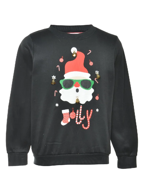 Beyond Retro Reworked Christmas Sweatshirt With Bells - L Hoodie with Button Placket Classic Preppy