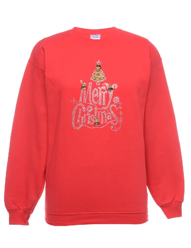 Beyond Retro Reworked Christmas Sweatshirt With Bells - M Hoodie with Hem Detail Decorative Unique