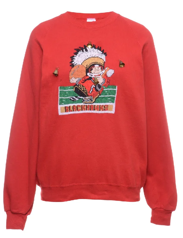 Beyond Retro Reworked Christmas Sweatshirt With Bells - XL Hoodie with V-Neck Classic Versatile