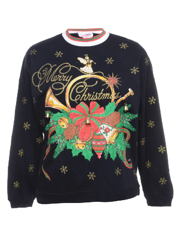 Beyond Retro Reworked Christmas Sweatshirt With Bells - XL Hoodie with Contrast Stitching Detailed Premium