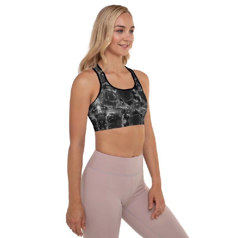 Black Floral Padded Sports Bra, Abstract Flower Rose Printed Workout Bra-Made in USA/EU Seamless Fit Bra