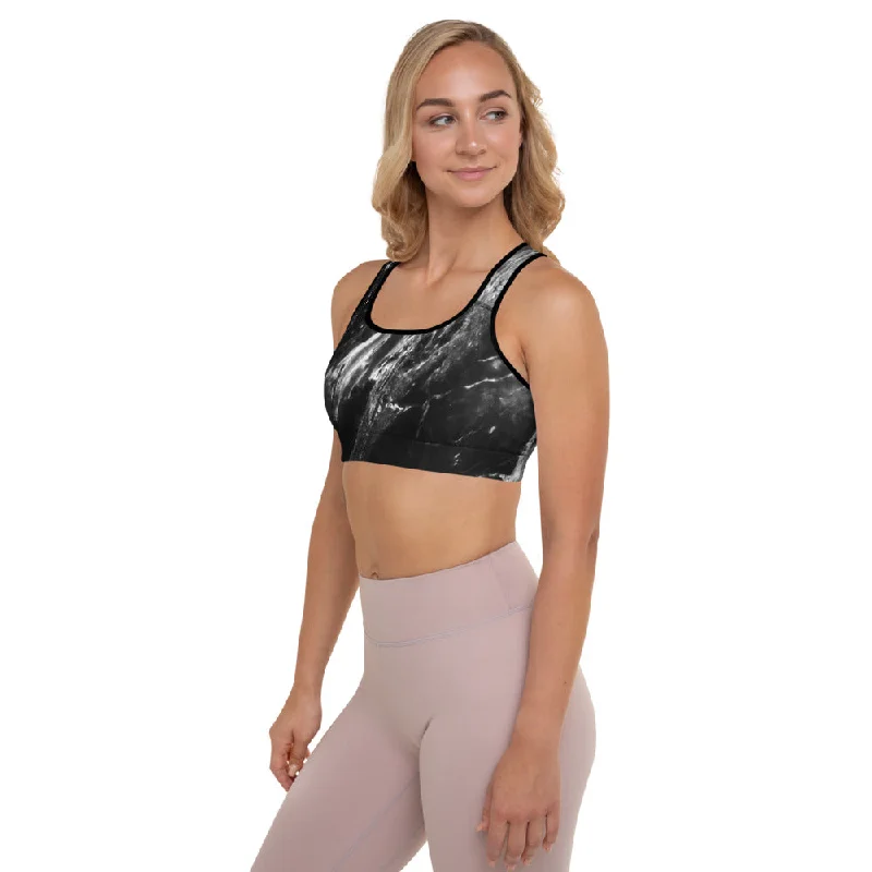 Black Marble Padded Sports Bra, Abstract Marbled Print Women's Gym Bra-Made in USA/EU/MX Adjustable Fit Bra