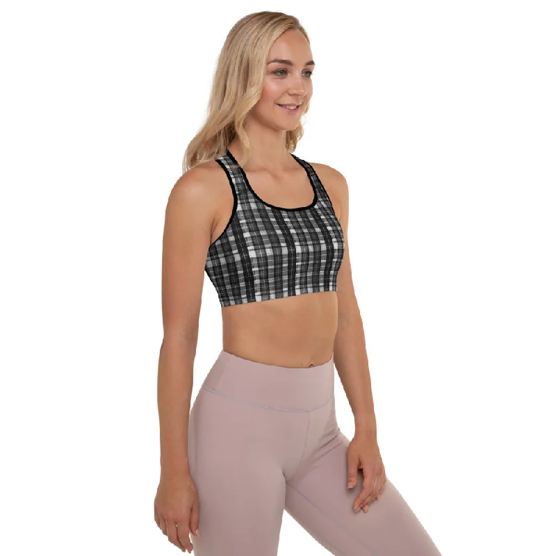 Black Plaid Print Workout Bra, White Black Scottish Plaid Printed Women's Padded Sports Bra Comfortable Bralette Style