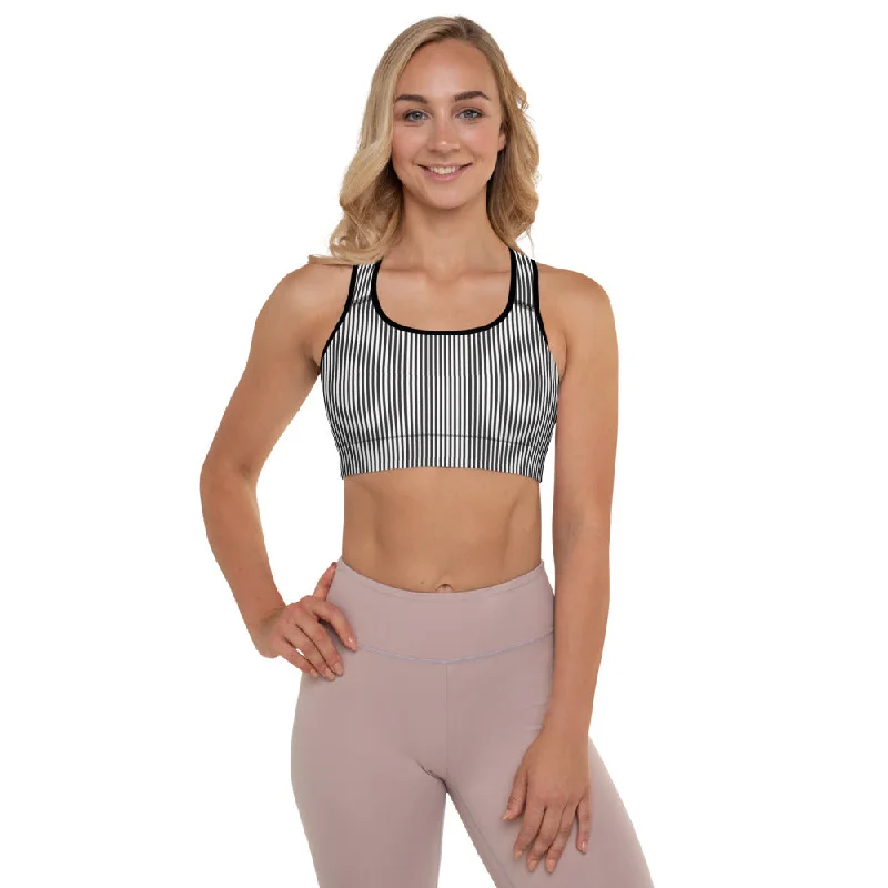 Black White Striped Sports  Bra, Vertically Striped Padded Sports Bra For Ladies-Made in USA/EU/MX Contour Bra Style