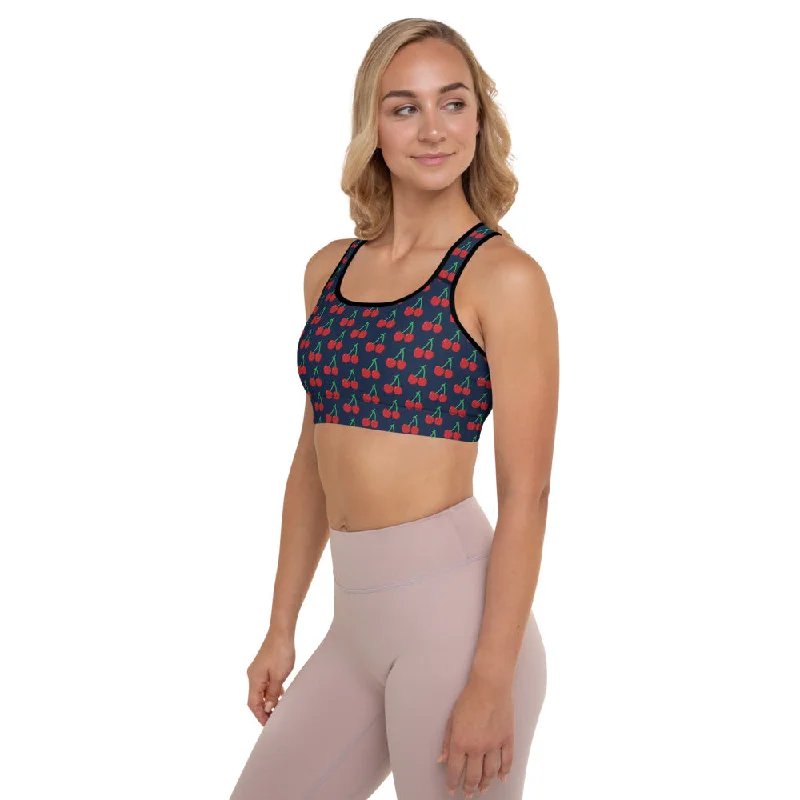 Blue Cherries Padded Sports Bra, Red Cherry Print Women's Fitness Bra-Made in USA/EU Cozy Sleep Bra