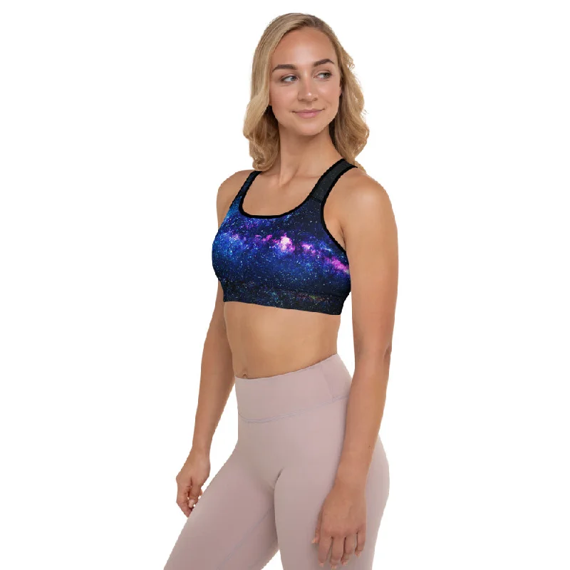 Blue Galaxy Padded Sports Bra, Purple Space Print Women's Workout Gym Bra-Made in USA/EU/MX Soft Stretch Bra