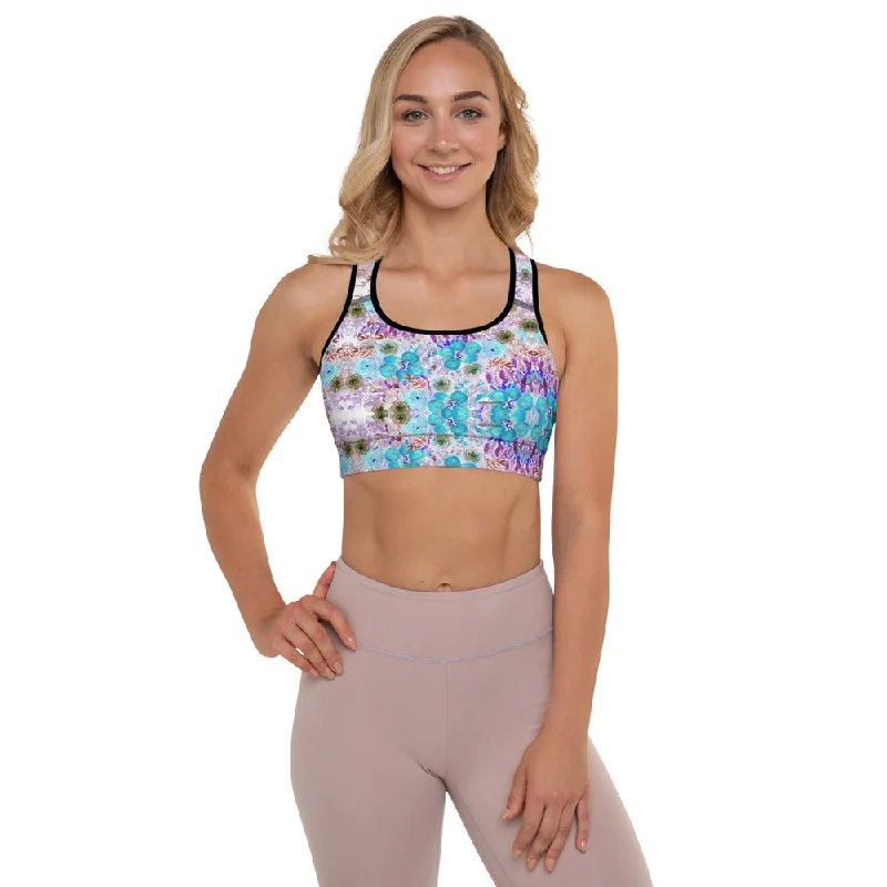 Blue Rose Padded Sports Bra, Purple Mixed Floral Print Women's Workout Bra-Made in USA/EU/MX Comfort Fit Bralette