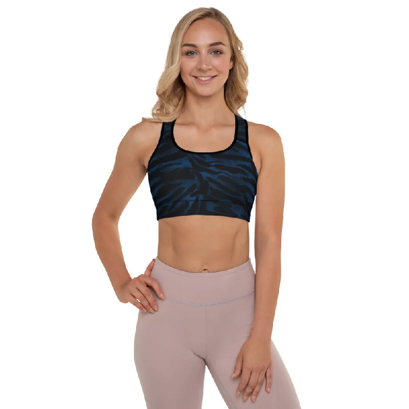 Blue Tiger Padded Sports Bra, Animal Stripes Print Workout Bra For Ladies-Made in USA/EU Soft Mesh Bra