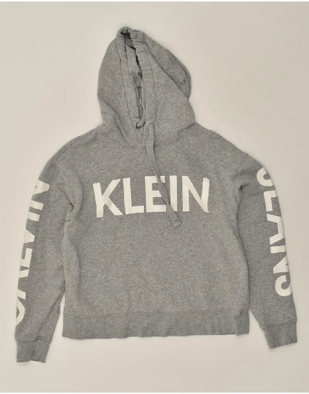 CALVIN KLEIN Womens Graphic Hoodie Jumper UK 10 Small Grey Cotton Hoodie with Hem Embroidery Detailed Premium