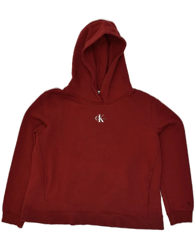 CALVIN KLEIN Womens Graphic Hoodie Jumper UK 14 Medium Burgundy Cotton Hoodie with Drawcord Adjustable Secure