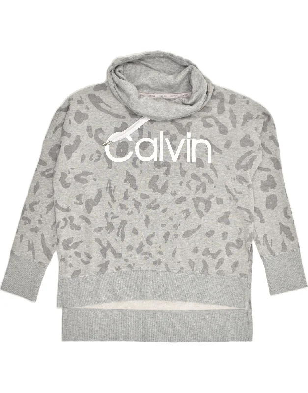 CALVIN KLEIN Womens Graphic Roll Neck Sweatshirt Jumper UK 10 Small Grey Hoodie with Applique Textured Unique