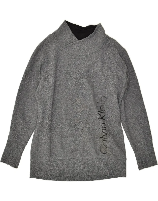 CALVIN KLEIN Womens Graphic Shawl Neck Sweatshirt Jumper UK 18 XL Grey Hoodie with Sequins Glamorous Eye-catching