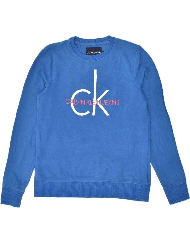 CALVIN KLEIN Womens Graphic Sweatshirt Jumper UK 10 Small Blue Cotton Hoodie with Front Slit Layering Stylish