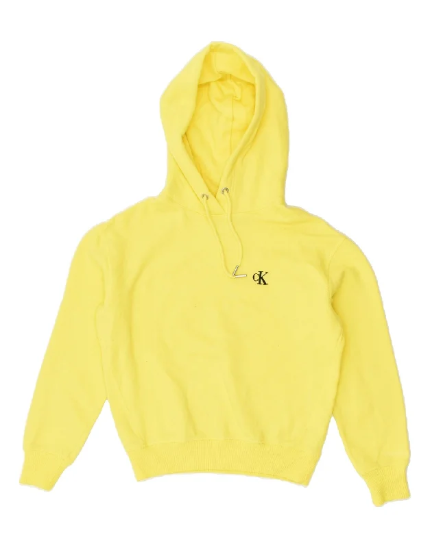 CALVIN KLEIN Womens Hoodie Jumper UK 6 XS Yellow Cotton Hoodie with Frayed Bohemian Relaxed