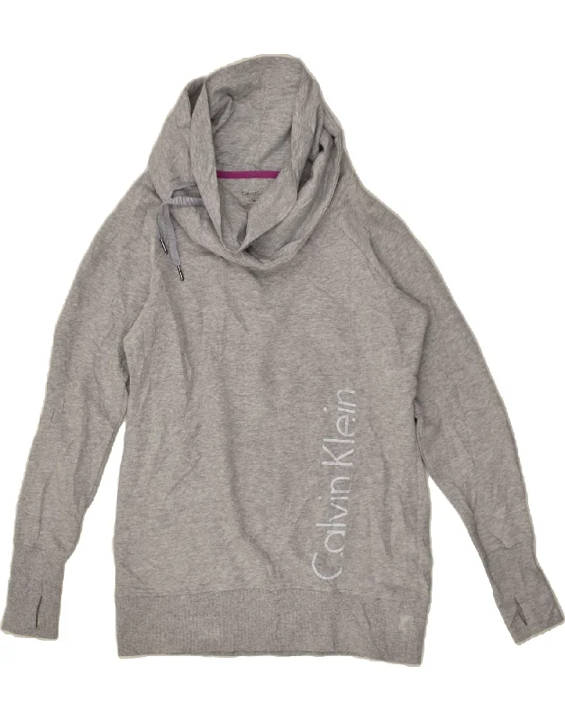 CALVIN KLEIN Womens Shawl Neck Sweatshirt Jumper UK 14 Medium Grey Cotton Hoodie with Mesh Breathable Sporty