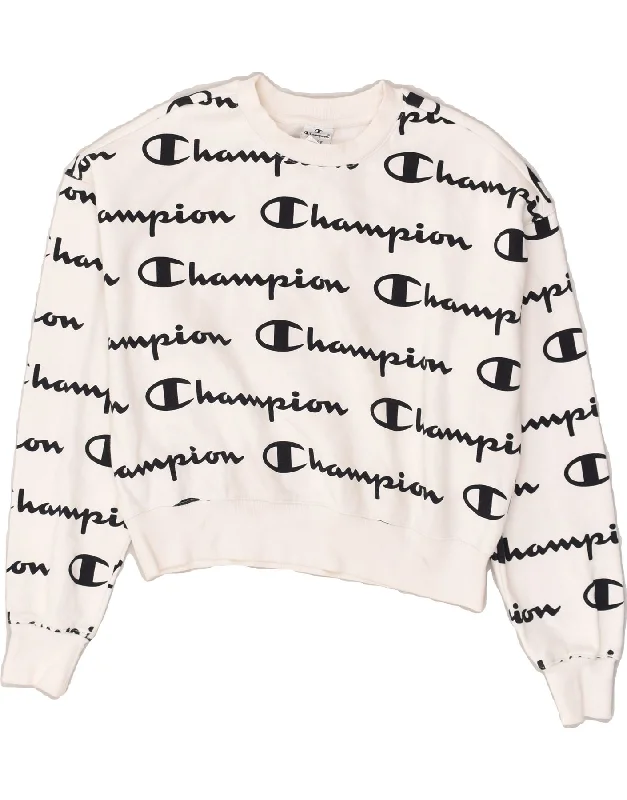 CHAMPION Womens Crop Graphic Sweatshirt Jumper UK 16 Large White Cotton Hoodie with Cropped Fit Short Trendy