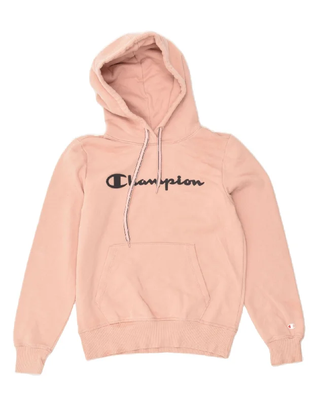 CHAMPION Womens Graphic Hoodie Jumper UK 10 Small Pink Cotton Hoodie with Drawcord Adjustable Secure