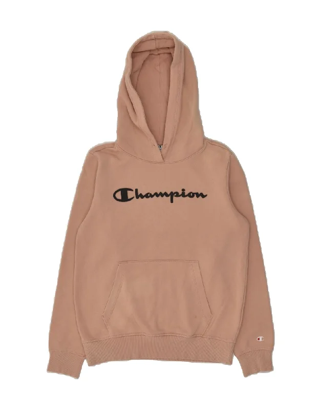 CHAMPION Womens Graphic Hoodie Jumper UK 12 Medium Beige Cotton Hoodie with Fur Luxurious Winter