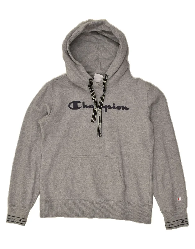 CHAMPION Womens Graphic Hoodie Jumper UK 14 Large Grey Cotton Hoodie with Stripes Bold Sporty