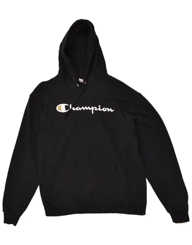 CHAMPION Womens Graphic Hoodie Jumper UK 16 Large Black Cotton Hoodie with Sequins Glamorous Eye-catching